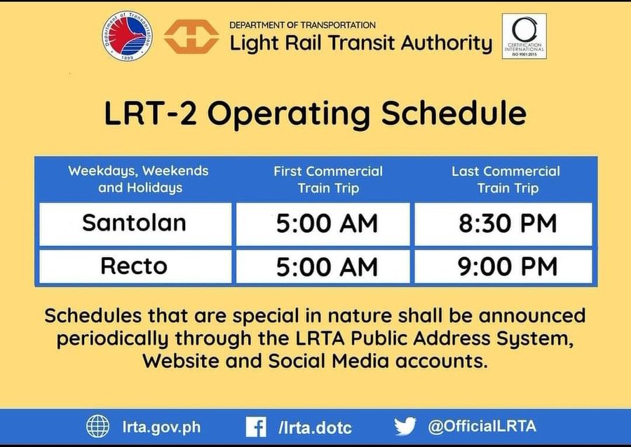 Lrt 2 Operating Schedule Light Rail Transit Authority