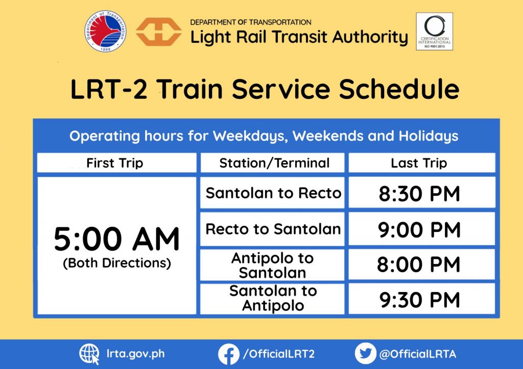 LRT2 Train Operating Schedule including East Extension stations